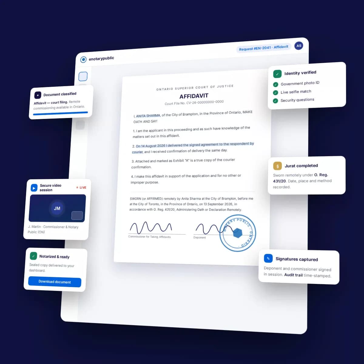 A request view: an affidavit with identity verification, a secure video session, jurat and signatures