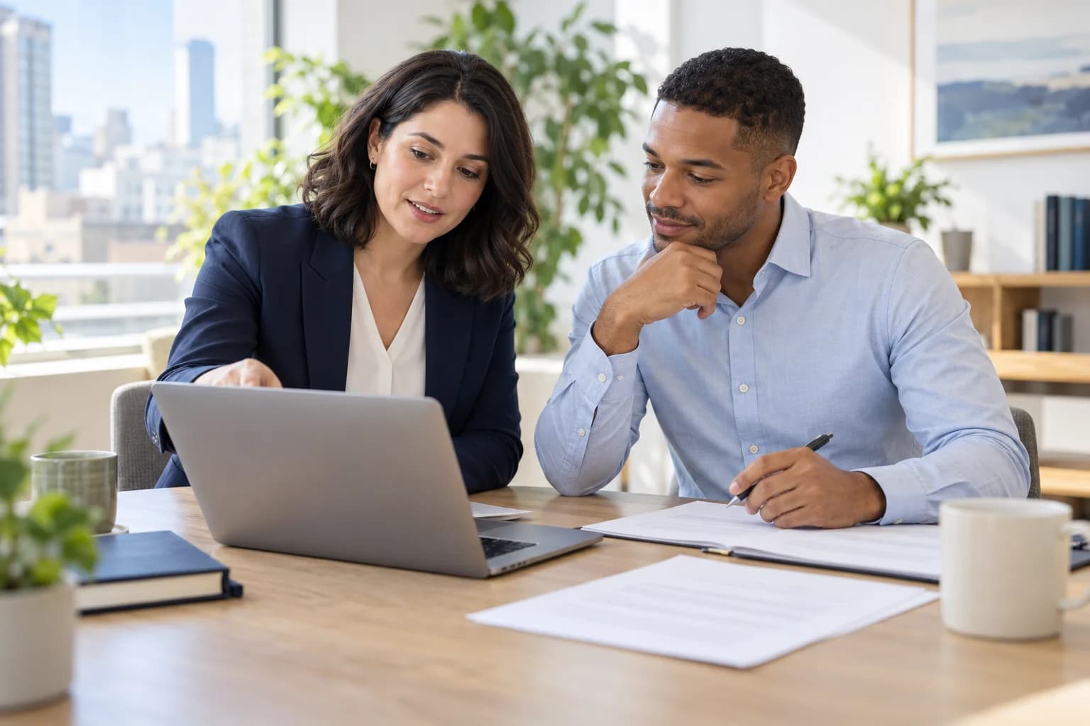 Two professionals working together at a laptop; illustrative scene.