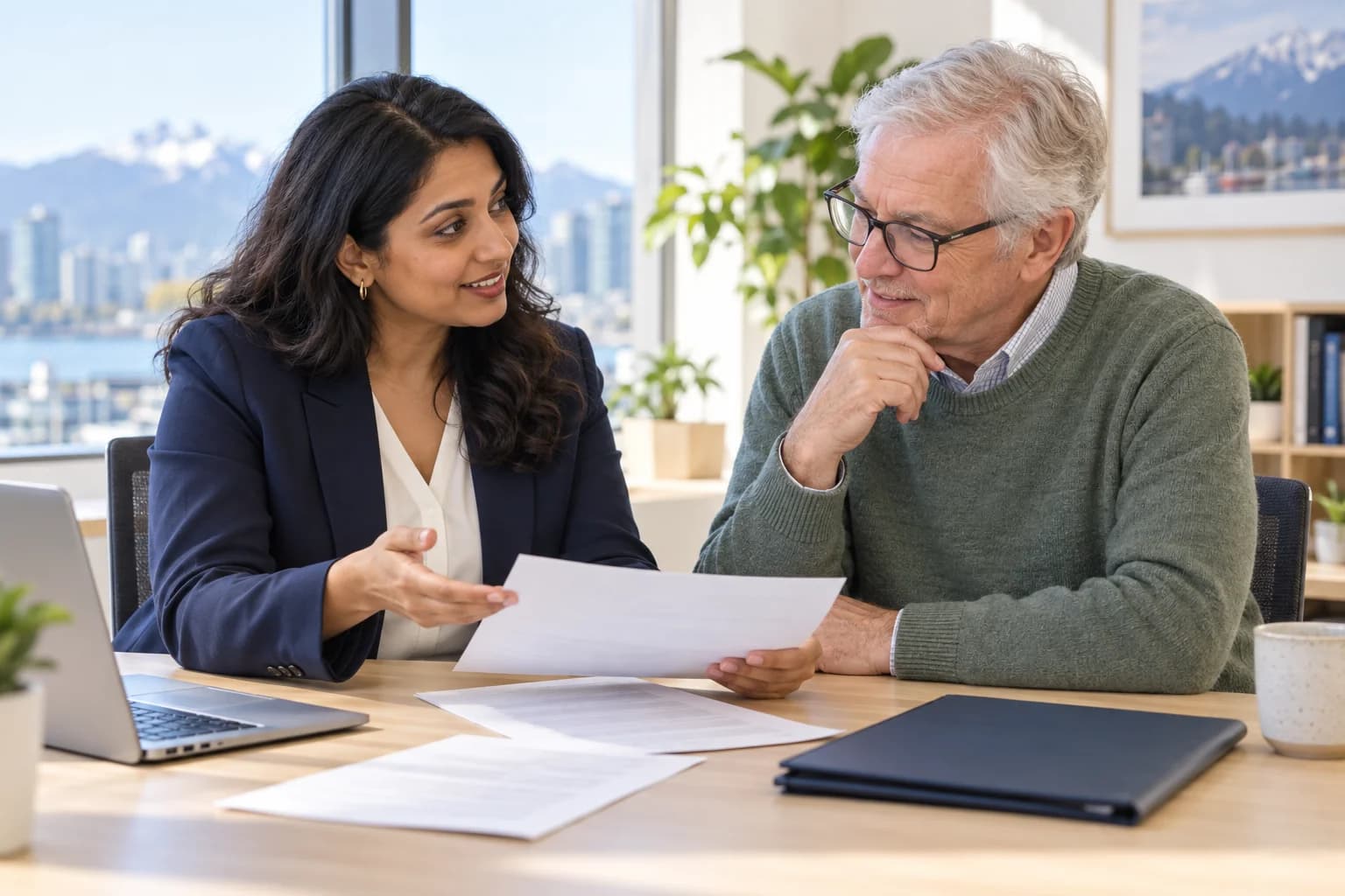 A professional and an older client discussing paperwork together in a bright office.