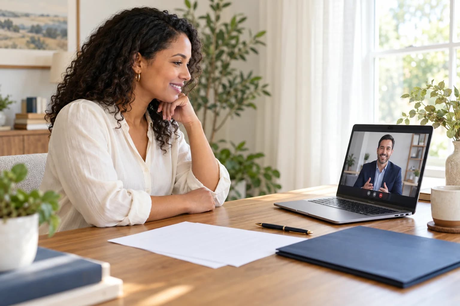 A client speaking with a professional by video from her home.