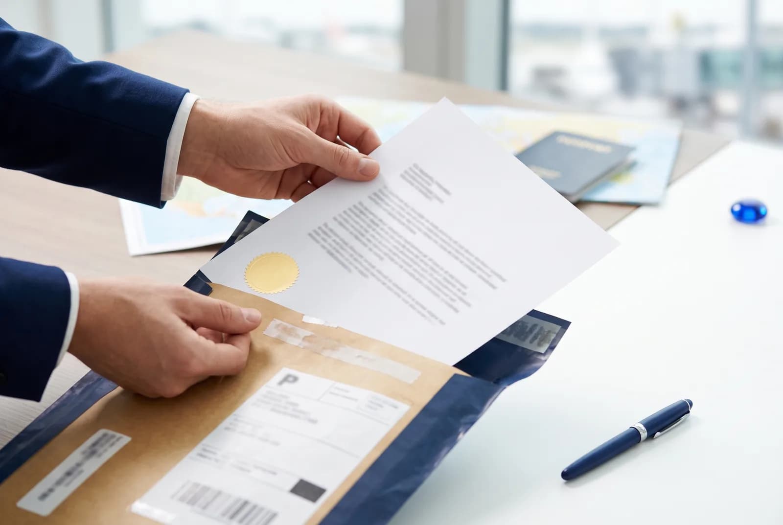A document with a gold seal being placed into a courier envelope beside a passport and map