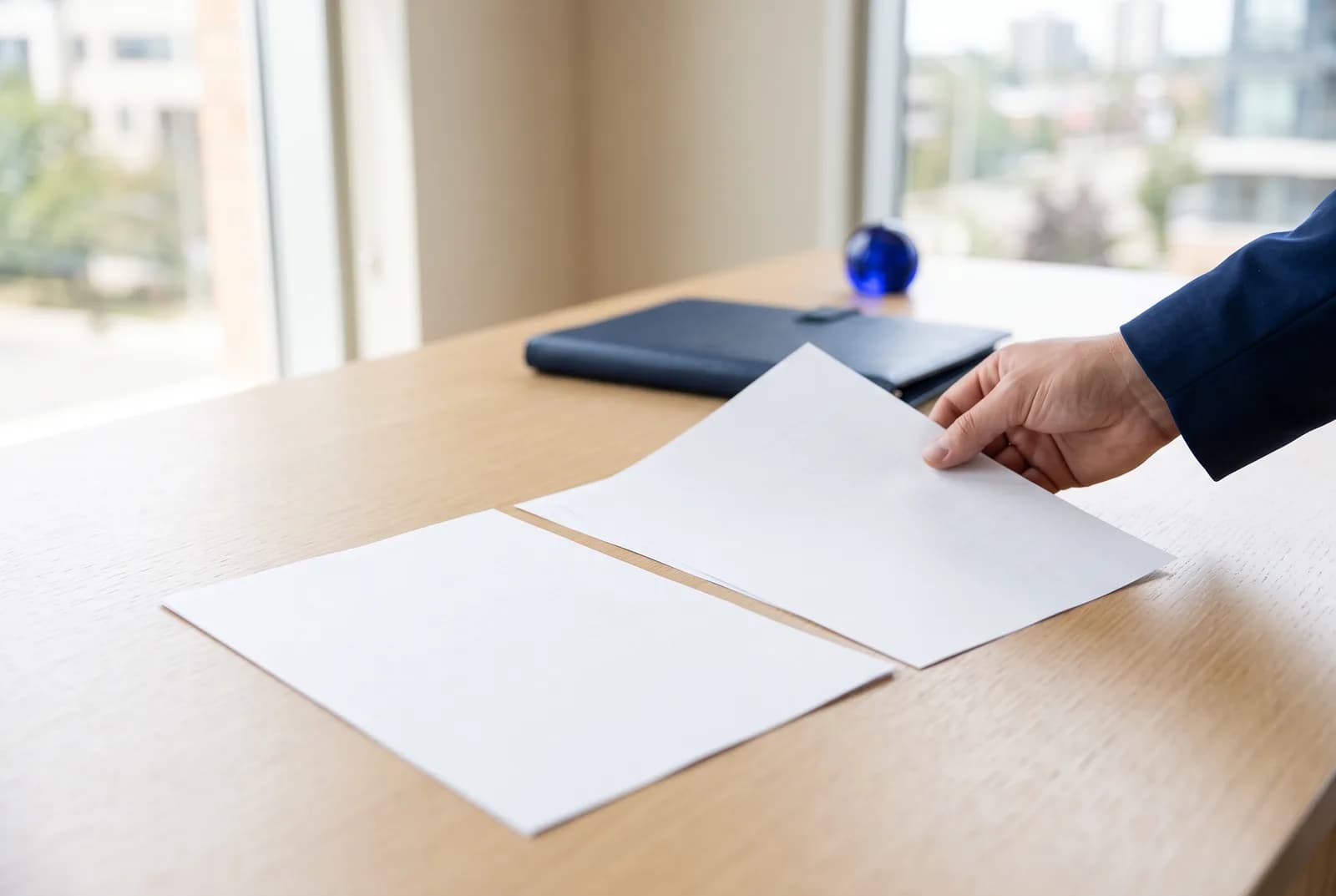 A hand placing a copy of a document beside the original for comparison