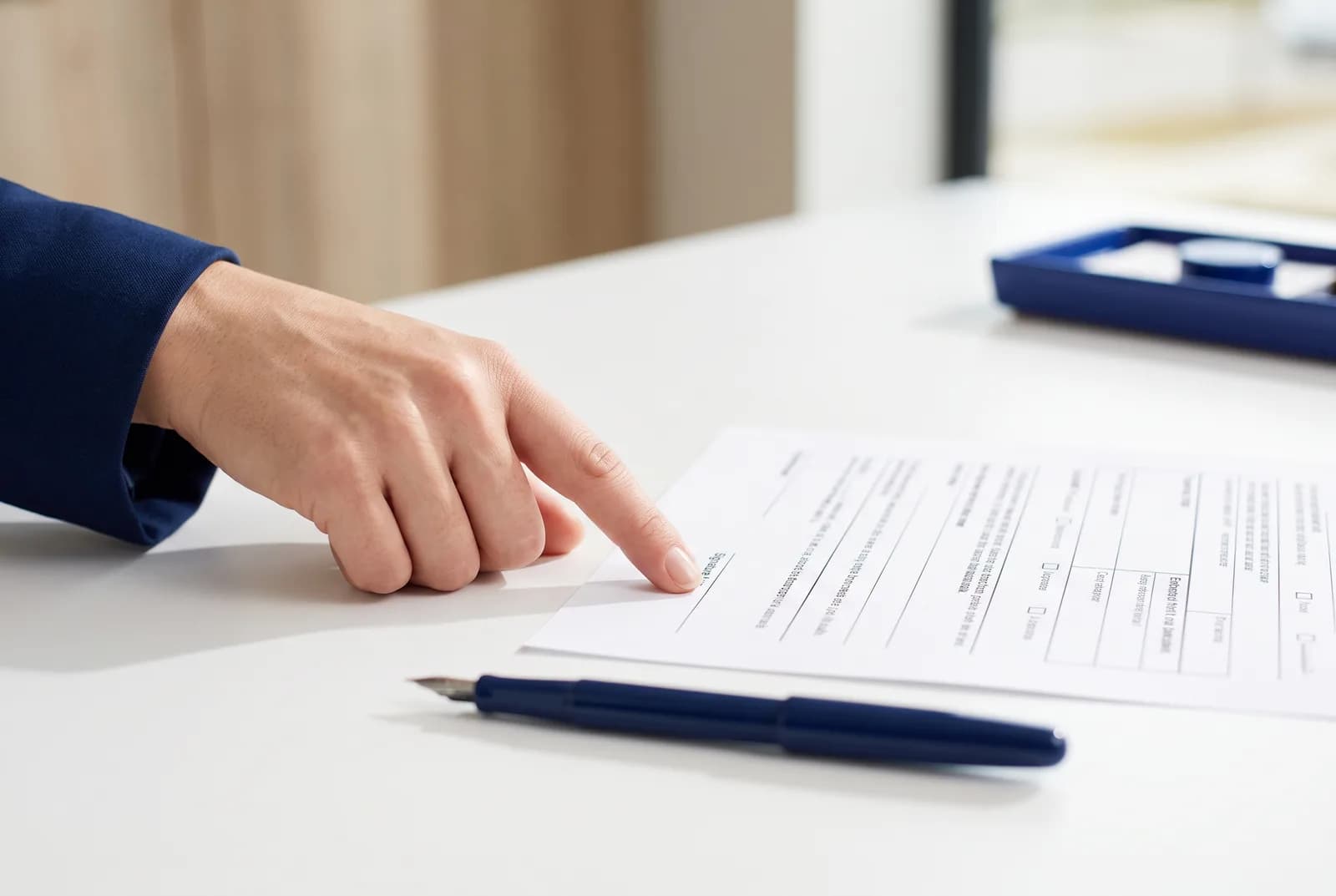 A finger pointing to the signature line of a declaration form beside a navy pen