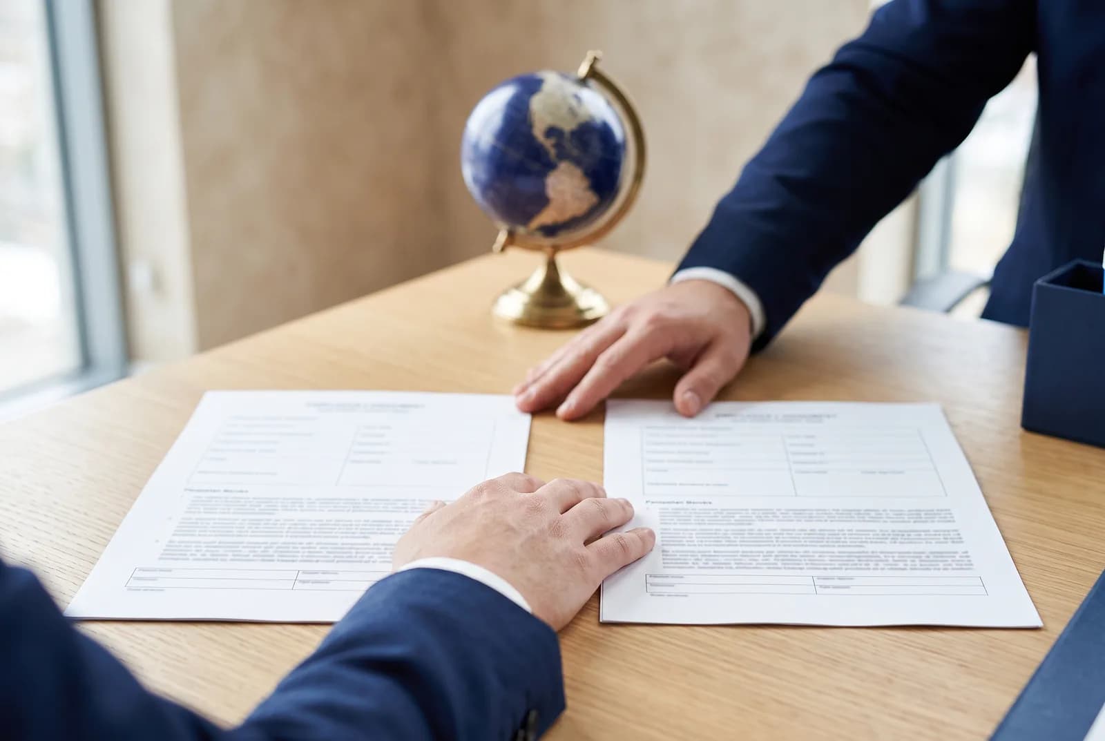 Two matching documents side by side on a desk with a small globe in the background