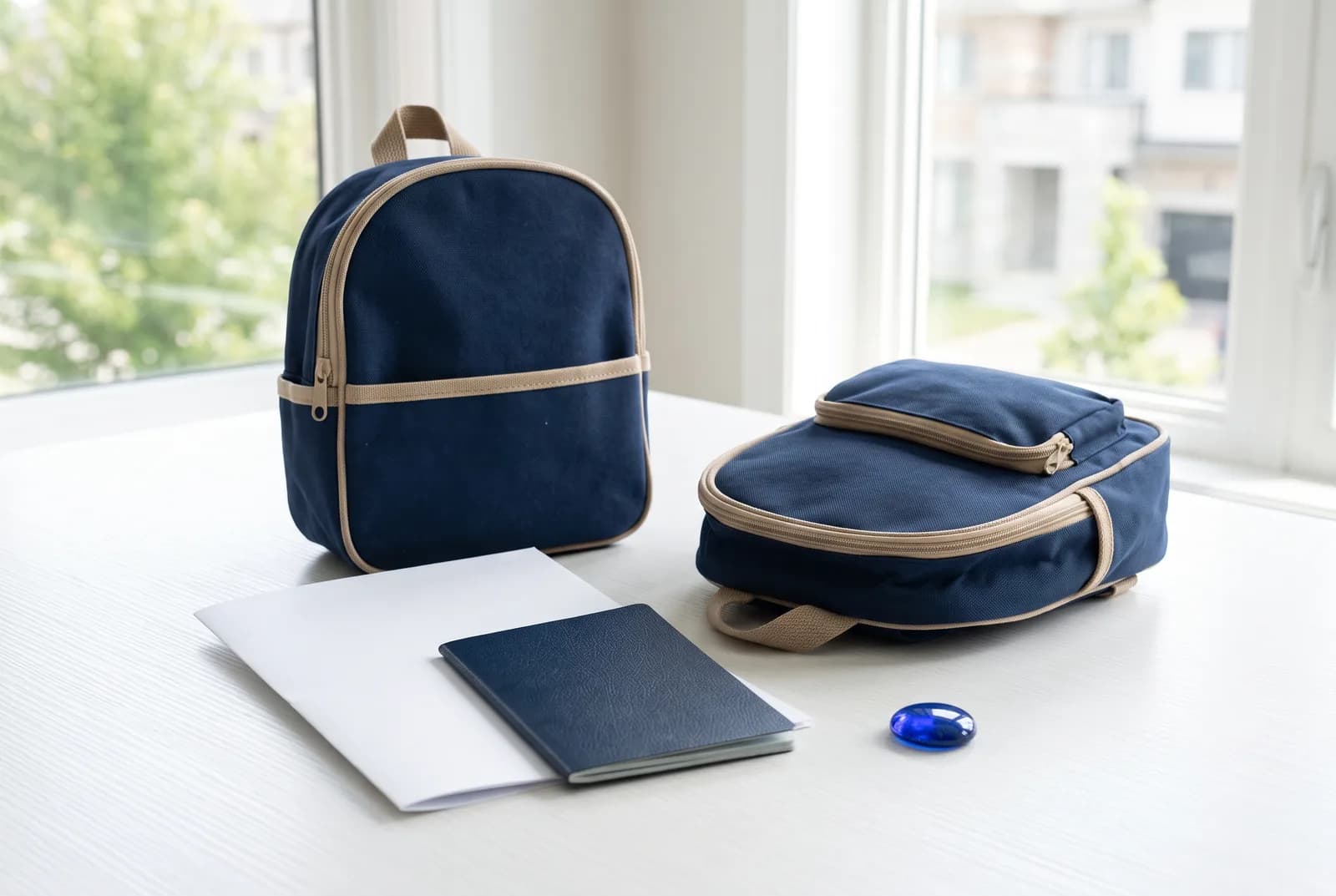 A child's backpack and passport beside a folded travel consent document