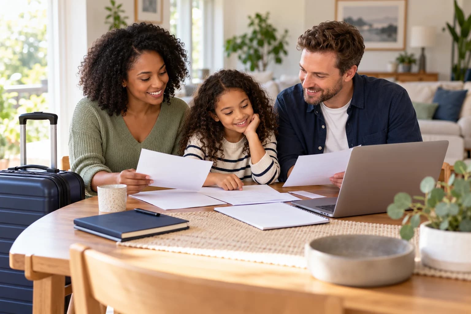 Parents and their daughter organising travel paperwork together at home.