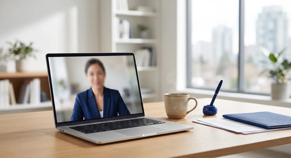 A laptop showing a commissioner in a navy blazer on a video call