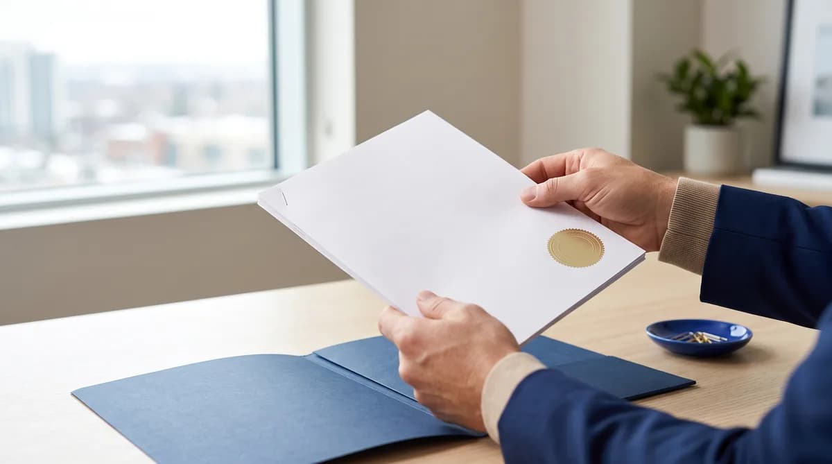 Hands lifting a completed document with a gold seal from a navy folder