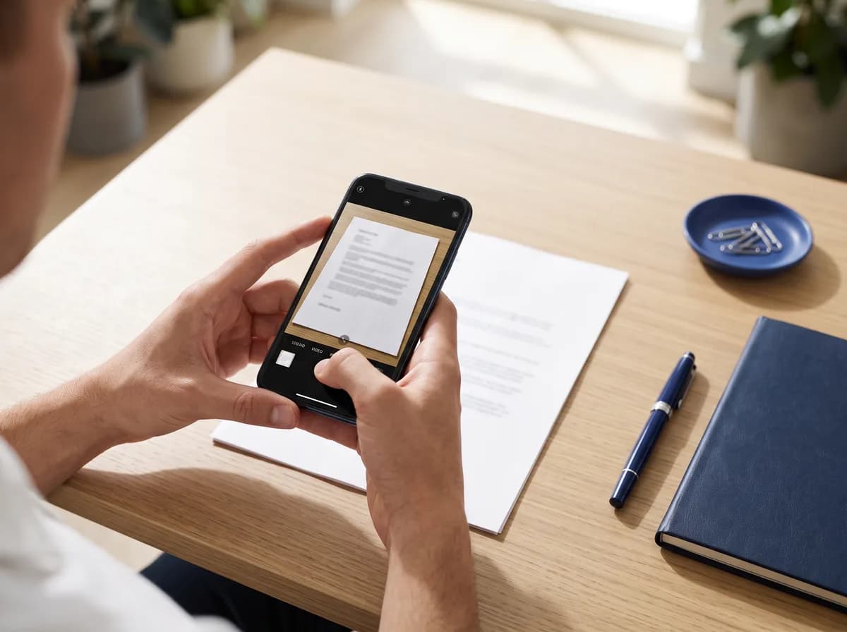 A phone scanning a paper document on a desk