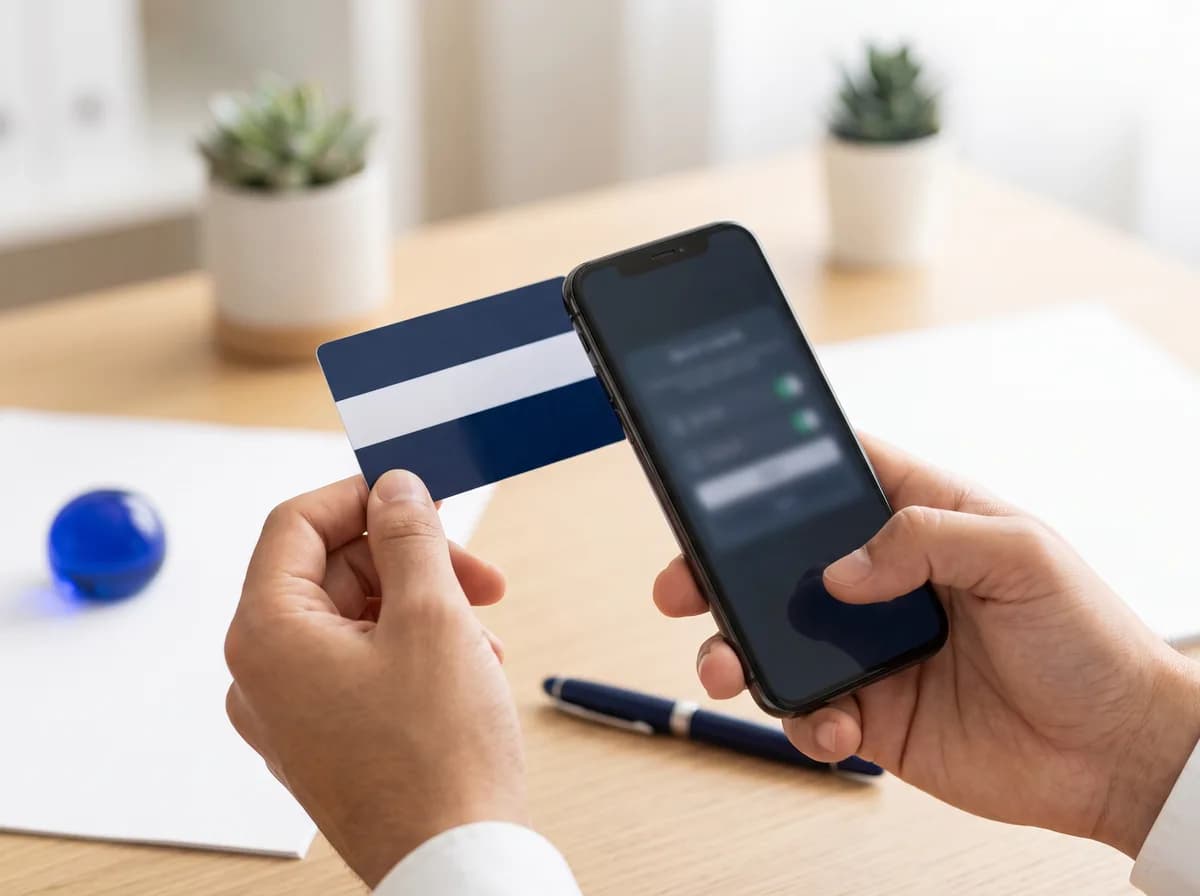 Hands holding an ID card beside a phone during identity verification