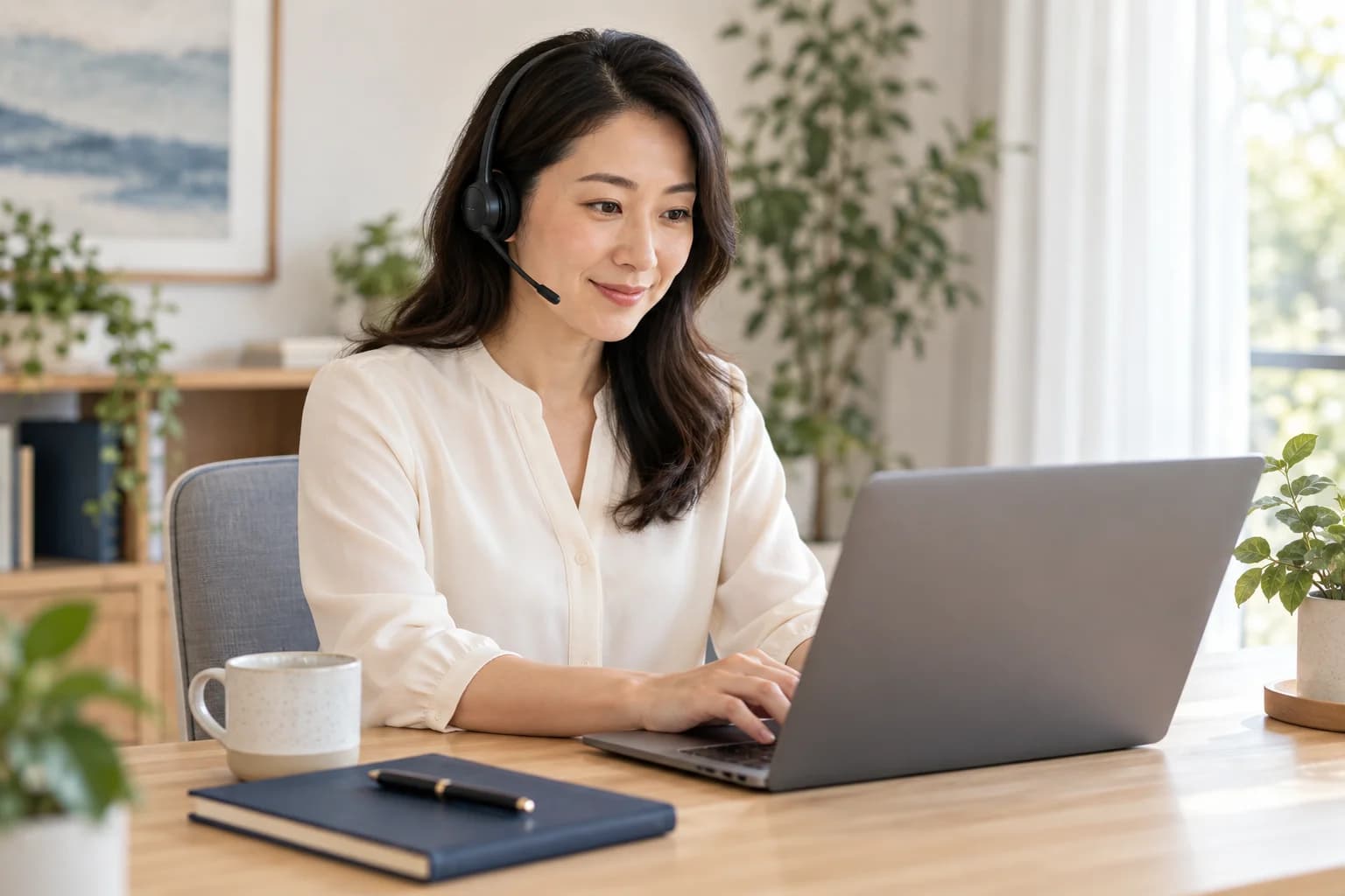 A support professional wearing a headset and working at a laptop.