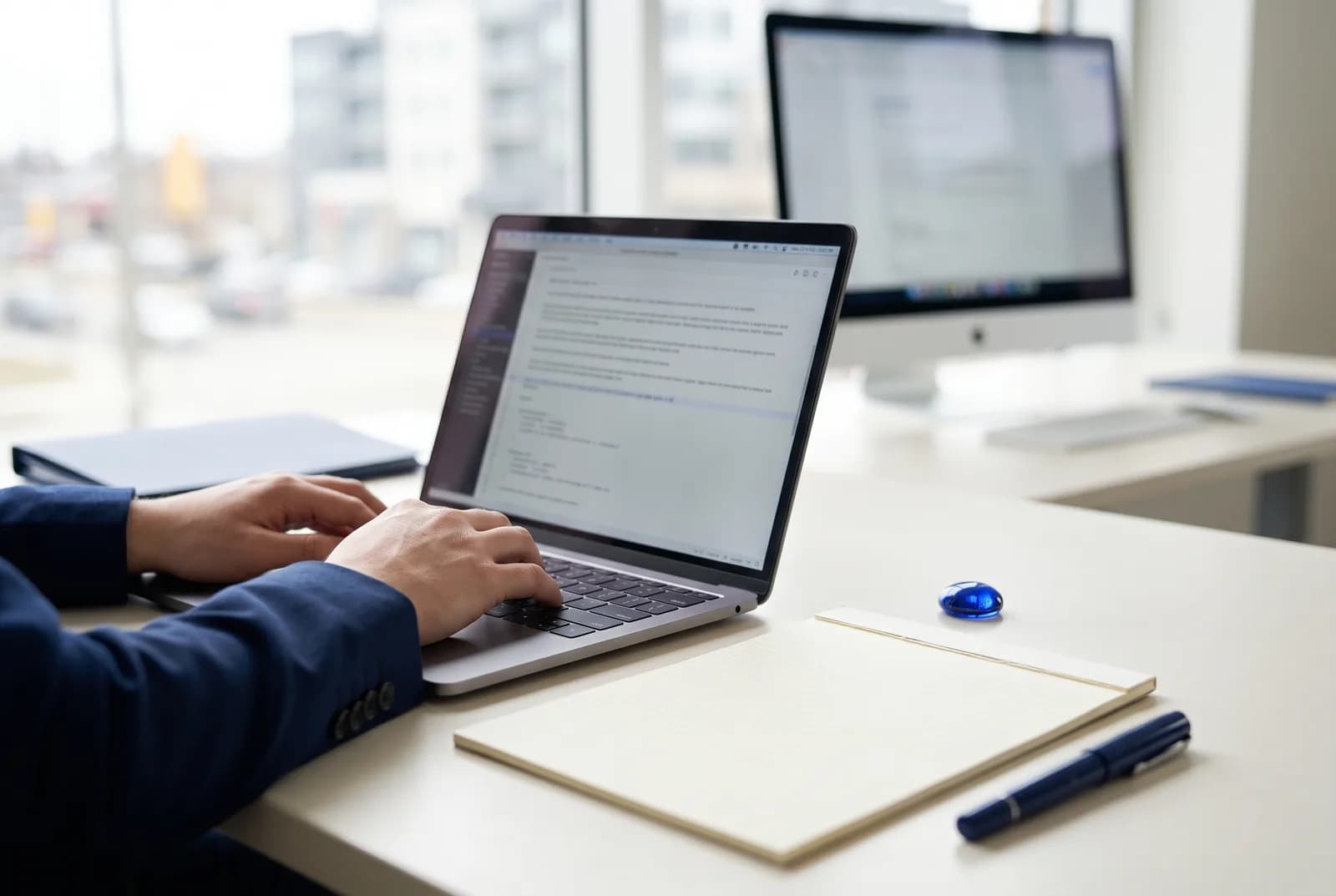 Hands typing a document at a laptop beside a fresh legal pad