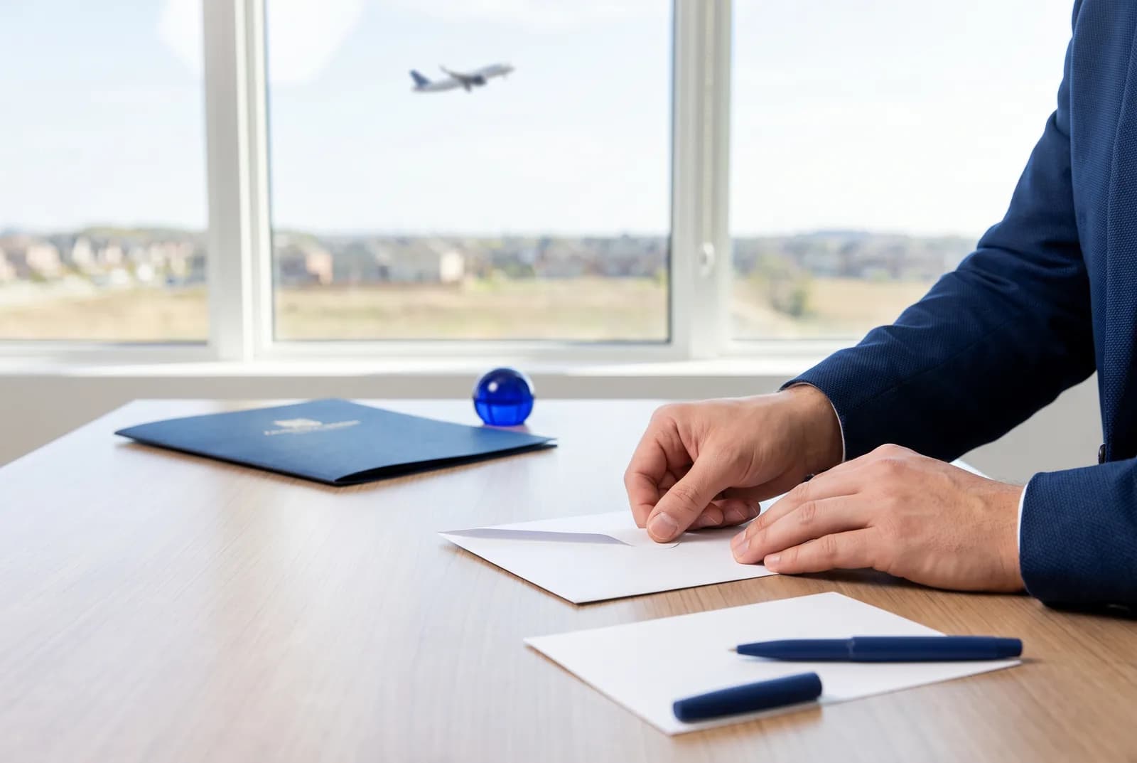 Hands sealing an invitation letter into an envelope while a plane climbs past the window