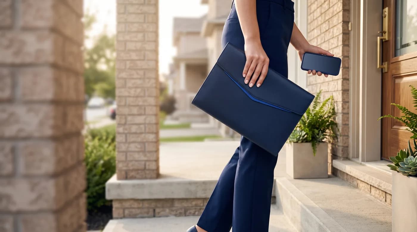 A professional arriving at a front porch carrying a navy document portfolio